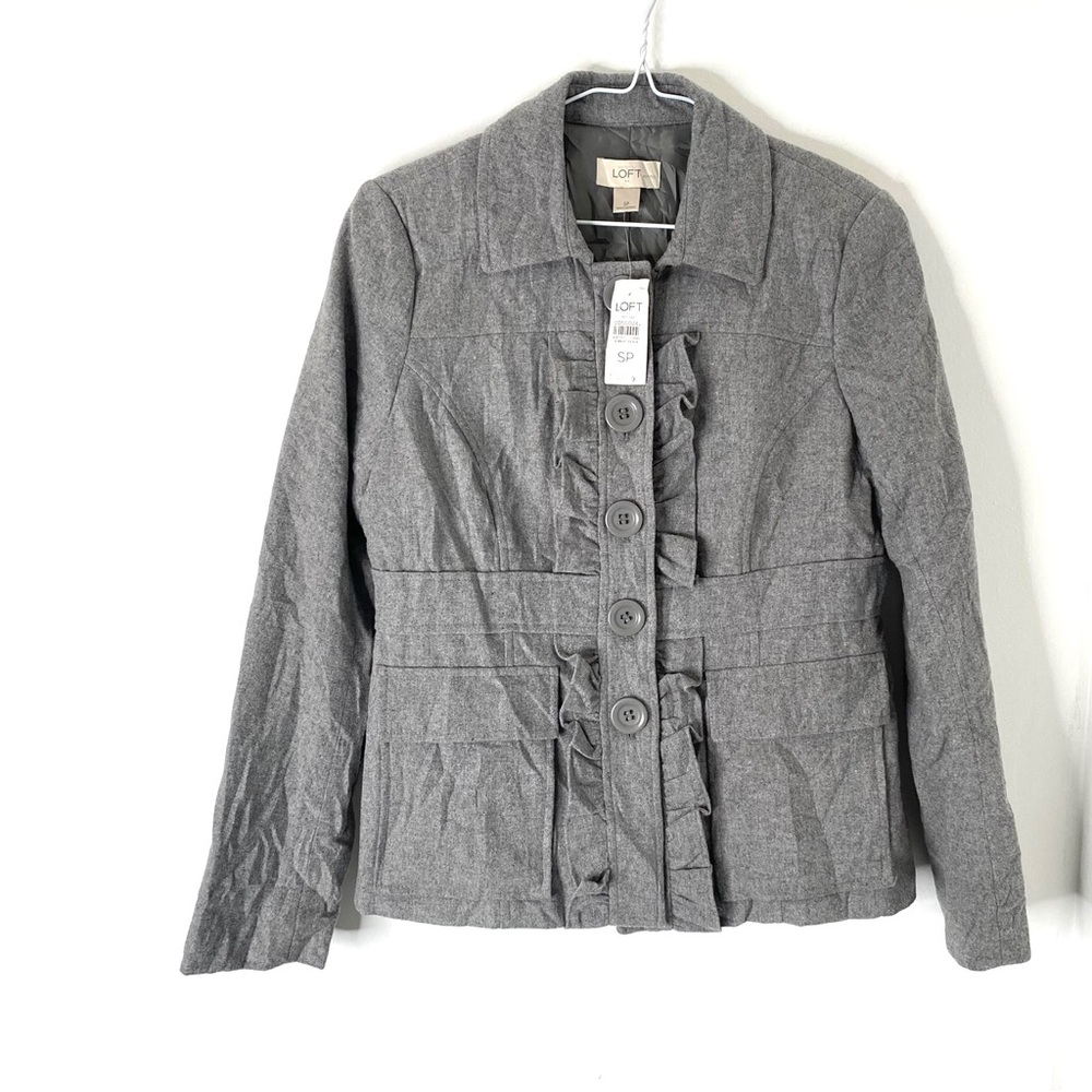 LOFT Grey Wool Blend Ruffle Trim Blazer NWT Petite Feminine Career Office Jacket